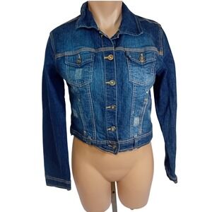 Y2K Blue Crush Denim Jacket Medium Wash Jean Jacket Distressed Streetwear ‎ M